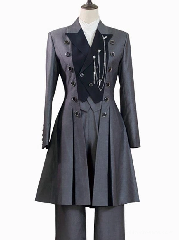 Gray tone steampunk Ouji Lolita overcoat displayed on mannequin with pleated hem details and gray coordinated suit pants outfit