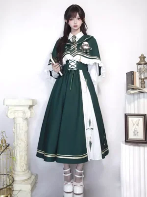 Academic priestess lolita three-piece set full-body front view with dark green cape collar shirt suspender skirt and striped tie