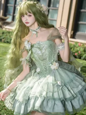 Sweet lolita green dress front close-up detail corset bodice dimensional flowers sheer shoulder tulle coordinated choker fairy aesthetic
