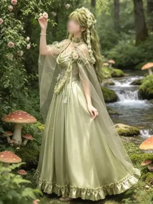 Green floor-length lolita dress side back angle showing sheer tulle shawl floral bodice decorations and ruffled satin skirt trim forest stream backdrop