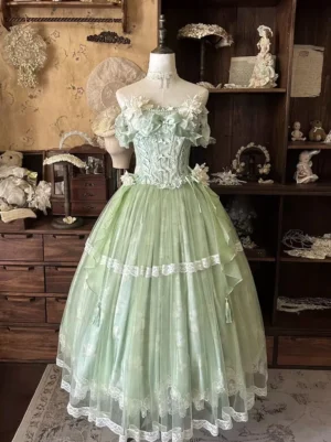 Pastoral green off-shoulder floral sweet lolita ball gown with ruffled tulle skirt, lace trim, and floral bodice appliqués, front full view on dress form