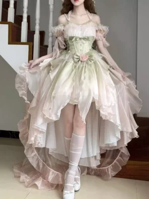 Green sweet lolita formal gown with off-shoulder spaghetti straps, trailing high-low organza skirt, paired with white socks and shoes