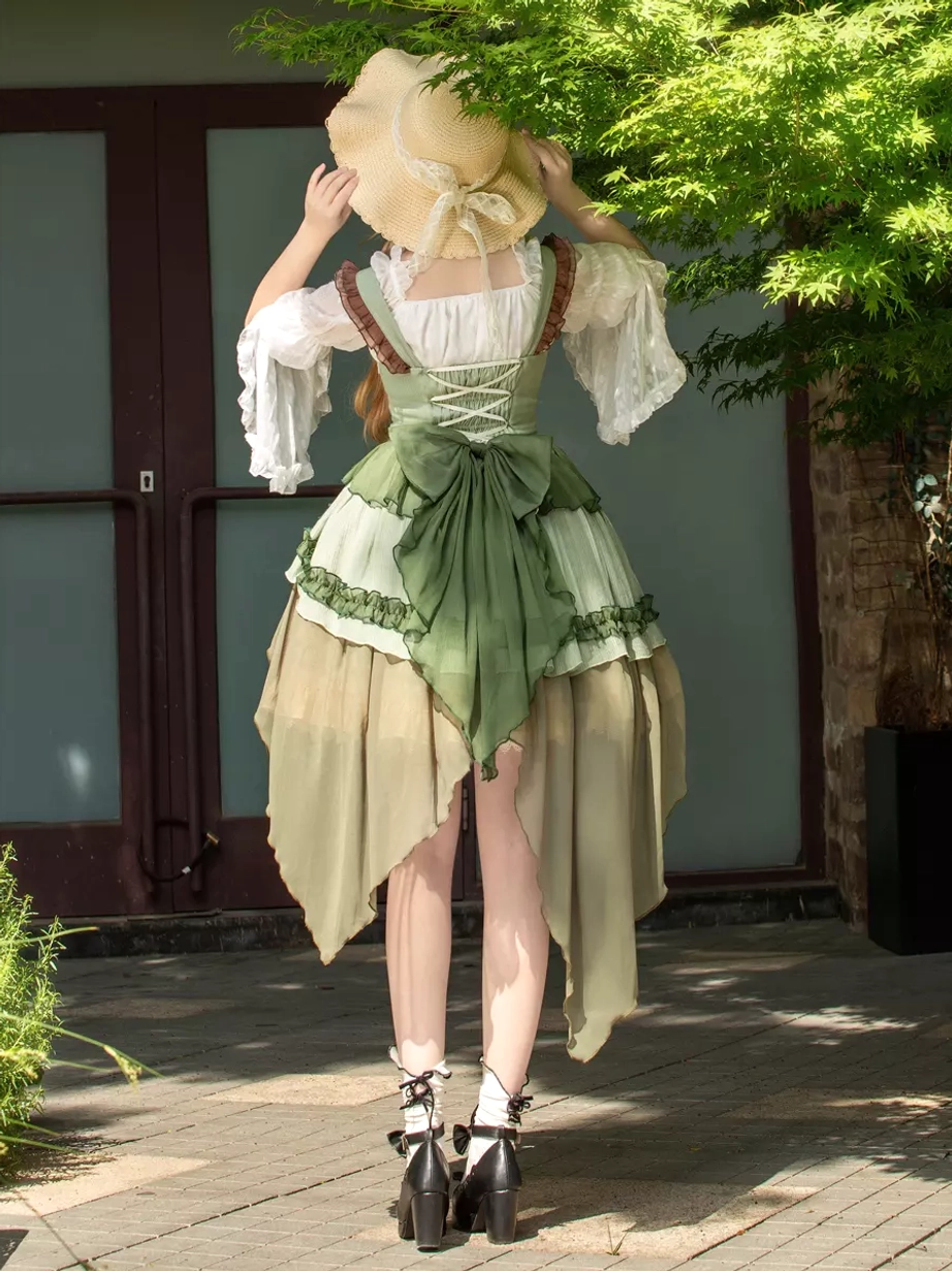 Back full-body shot of green lolita JSK dress featuring prominent back bow and platform high heels near door and greenery backdrop