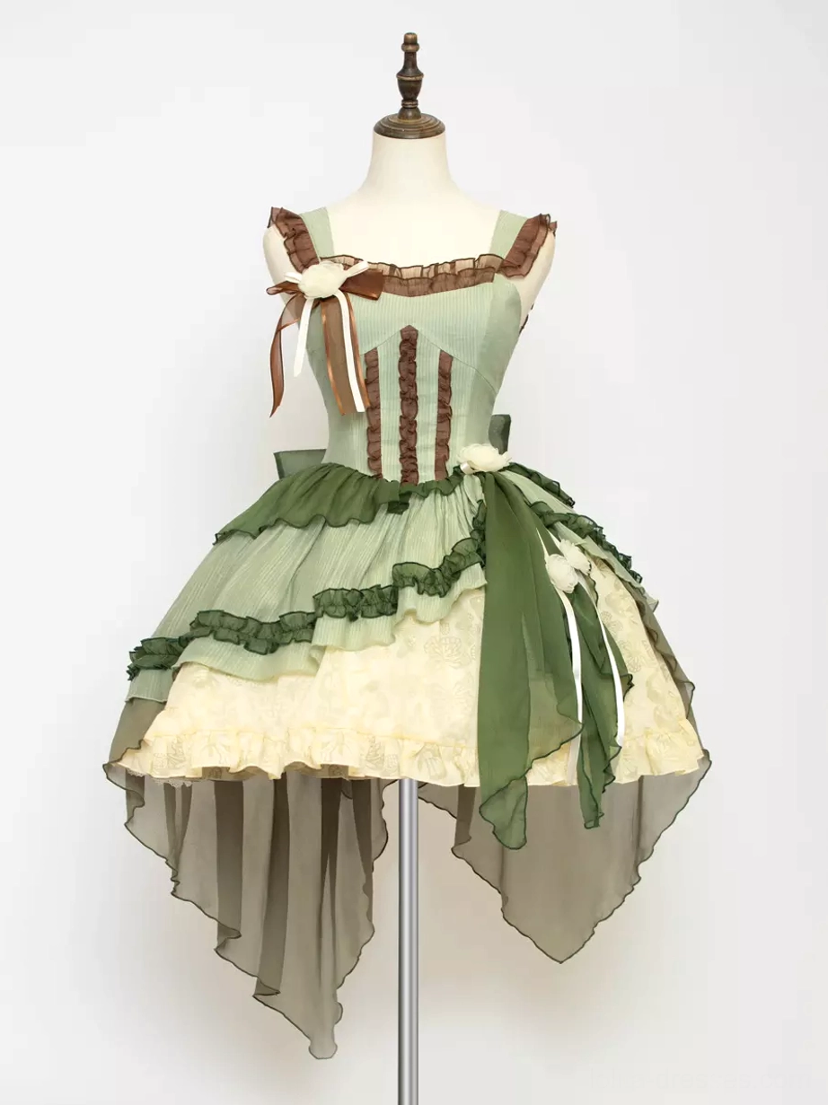 Green lolita jumper skirt detail view of ruffled trims and lace underlayer construction quality and stitching