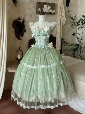 Green floral off-the-shoulder lolita princess dress with ruffled straps and layered tulle skirt, vintage bedroom interior setting, front full body display