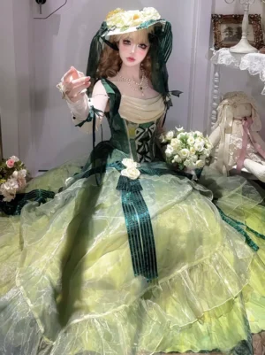 Green ombre fairy lolita ball gown featuring striped satin ribbons, layered voluminous tulle skirt, structured corset top, flower ornaments, and fairy-tale aesthetic - front half-body skirt view