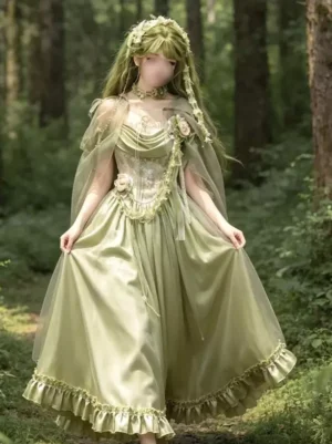 Green sweet lolita fairy dress front full-body view with corset bodice floral ornaments ruffled satin skirt and sheer tulle cape forest setting
