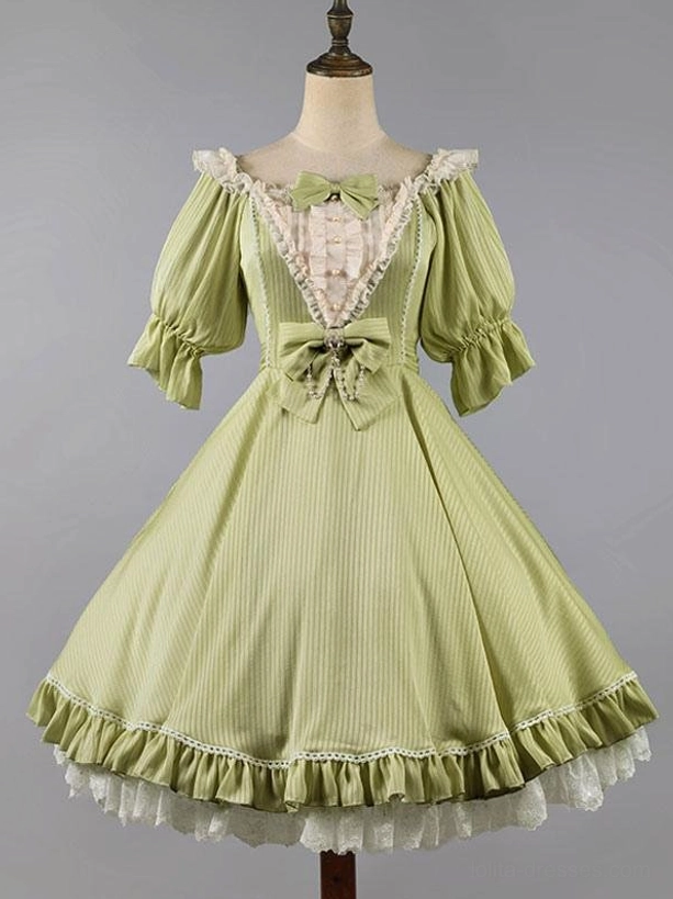 Green sweet lolita dress on mannequin front view with puff sleeves striped fabric and lace trim