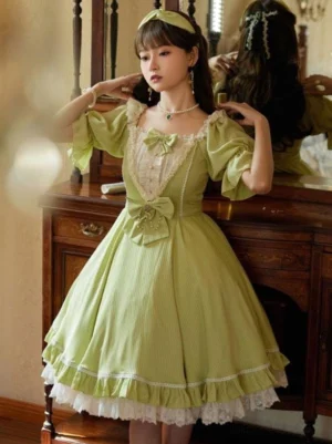 Green sweet lolita dress front three-quarter view with puff sleeves and lace-trimmed square neckline
