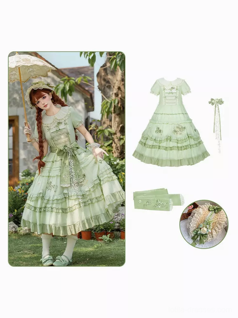 Styling inspiration featuring green sweet lolita dress paired with coordinating accessories including matching bonnet, lace gloves, Mary Jane shoes, and vintage-inspired jewelry combinations