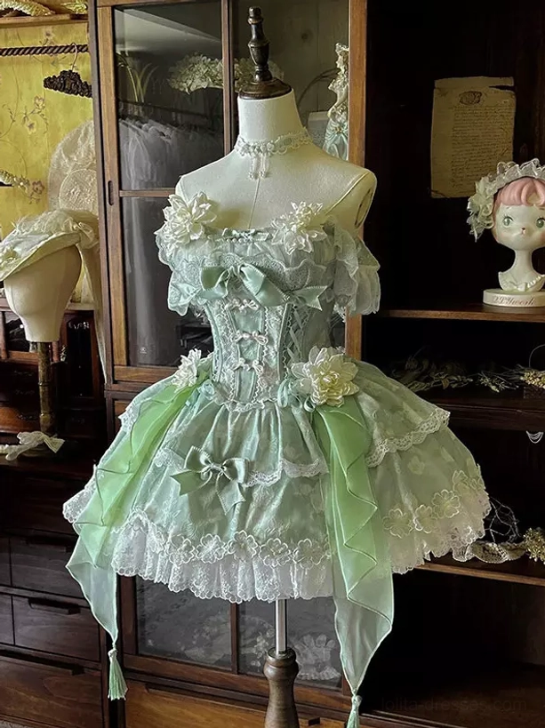 Green enchanted garden lolita fairy dress side profile showcasing silhouette corset bodice and ruffled skirt volume