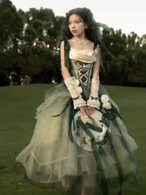 Green fairy tale lolita dress showing back three-quarter view highlighting layered tulle skirt and elegant corset back closure with ribbon details