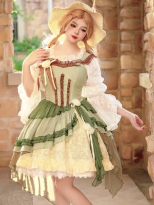Green sweet lolita JSK dress front three-quarter view with ruffled trims and cream floral underlayer worn by model in outdoor stone wall setting
