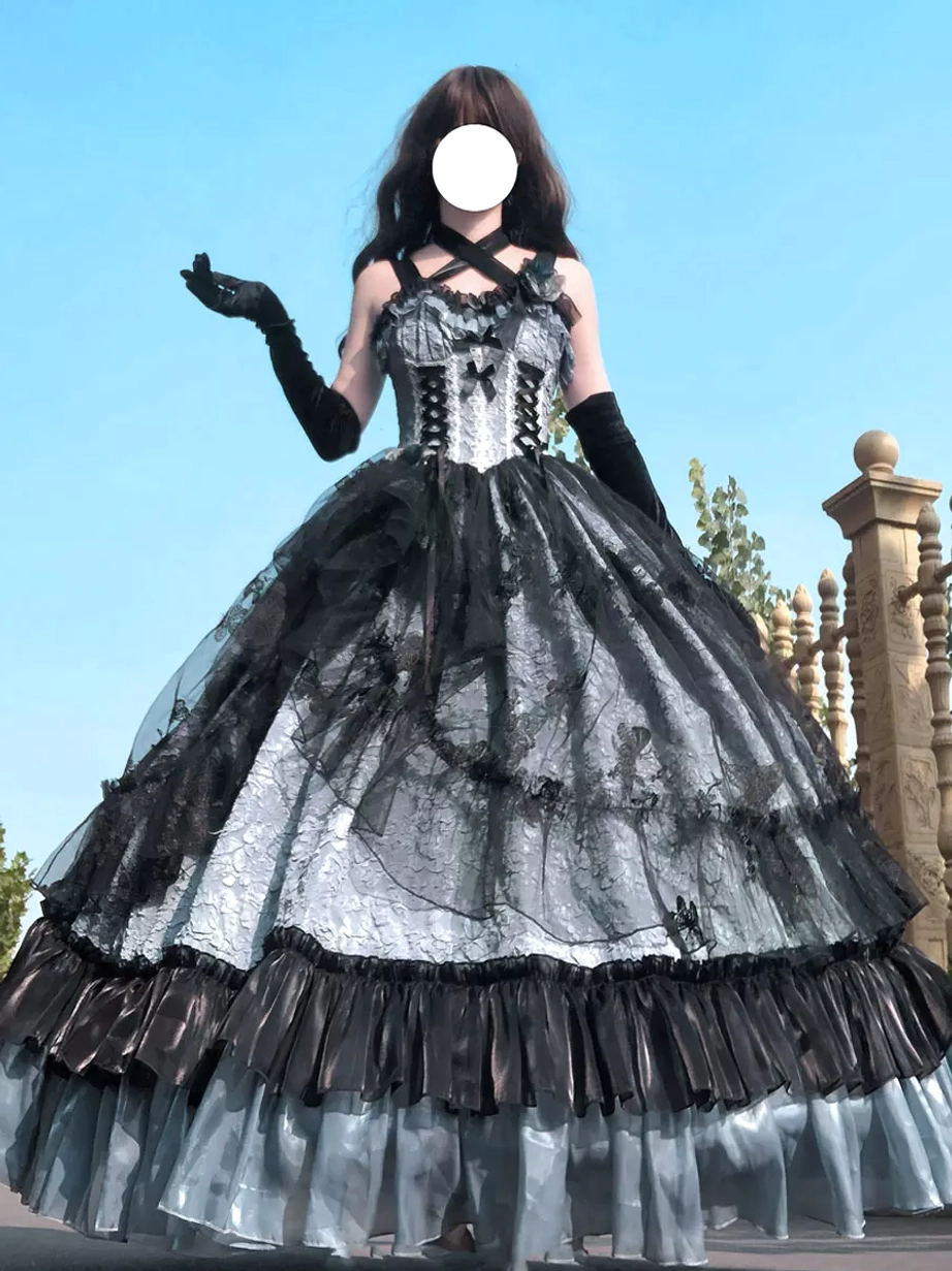 Grey and black gothic Lolita ball gown front display on model showing cross halter corset bodice with black lace overlay and tiered skirt