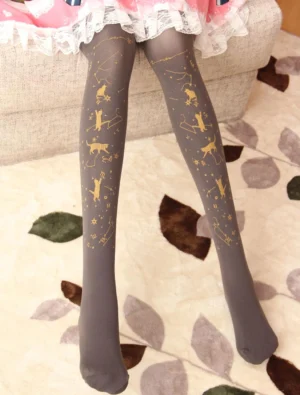 Lolita celestial cat hot stamping velvet tights grey base with gold cat constellation prints front wearing view