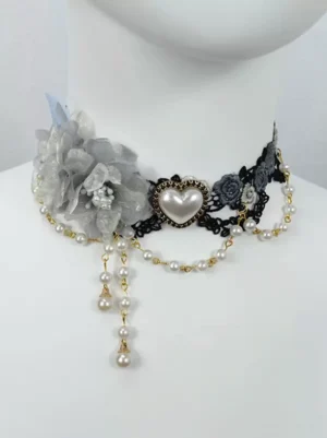 Grey flower lolita choker with heart gemstone black lace pearl chain tassels detail