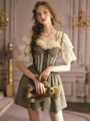 grey-green gingham fairy lolita mini dress front lace-up corset spaghetti strap full body view