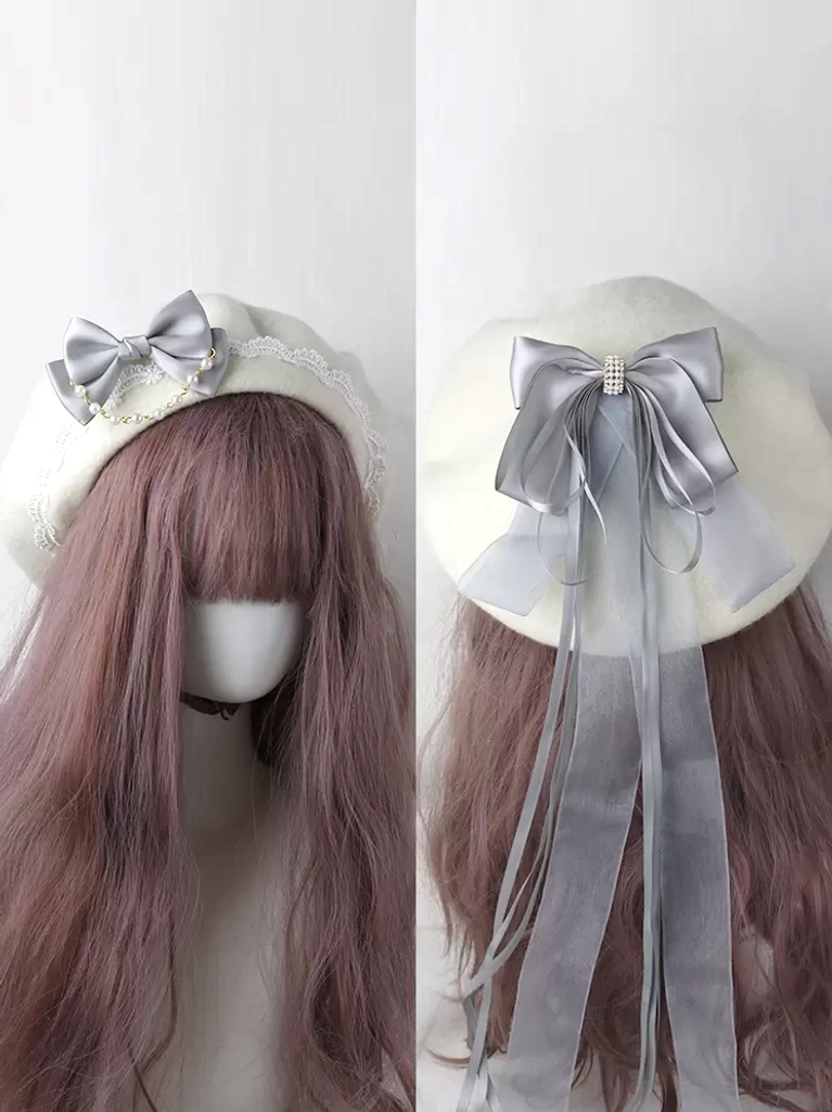 Grey sweet lolita beret with satin bow tassel and rhinestone embellishments elegant headdress