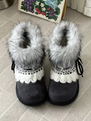 Grey sweet lolita ankle boots with faux fur collar and white crocheted lace detail flat lay top view