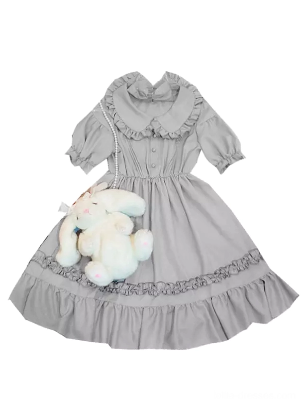 Flat lay product photo of grey Sweet Lolita OP dress displayed on white background showing full dress silhouette, ruffled Peter Pan collar, front button closure, half puff sleeves, and layered ruffled skirt edges