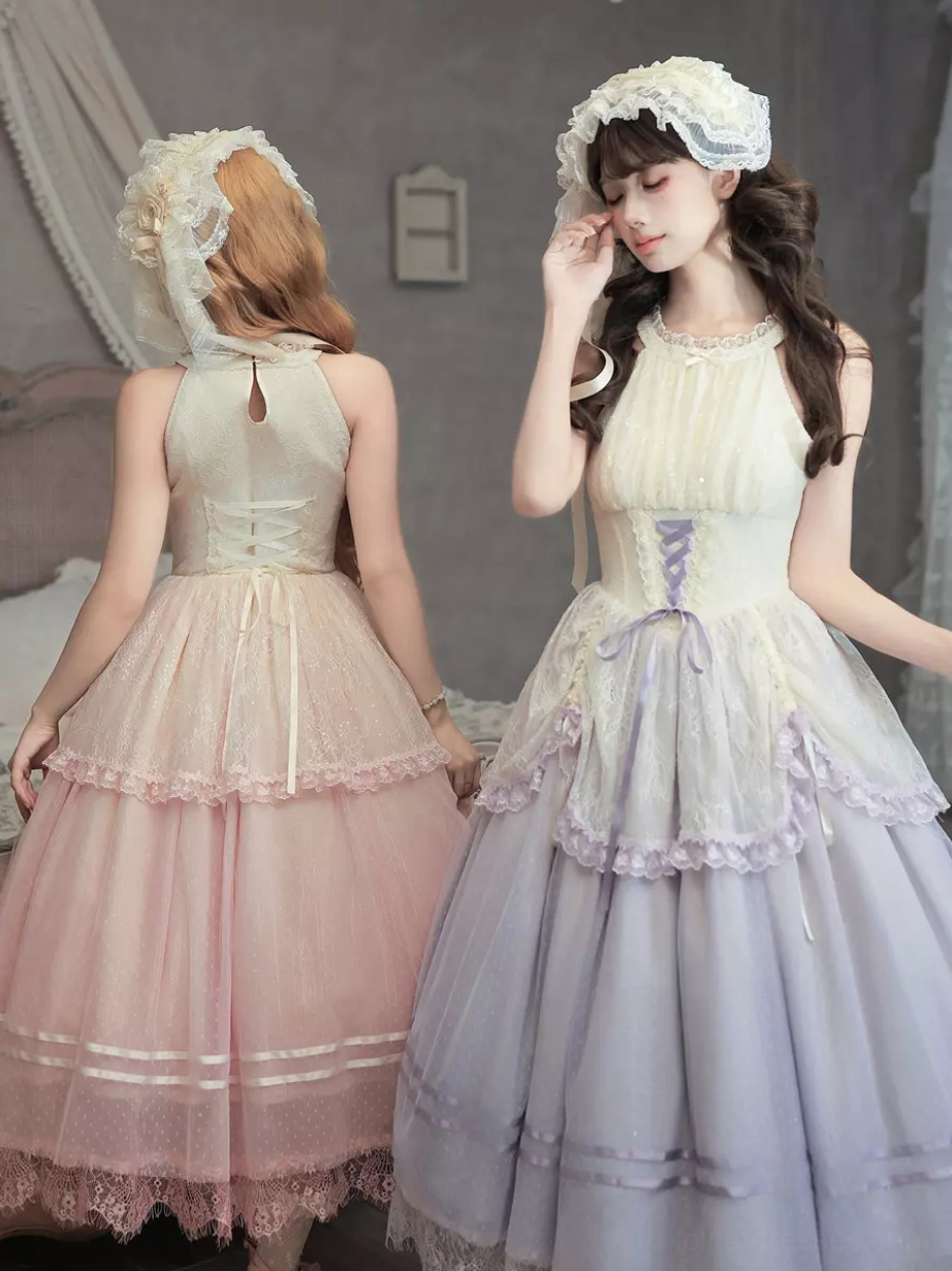 Pink and lavender halter sweet lolita jsk dresses worn by models indoor bedroom setting group comparison lace trim tiered skirt details