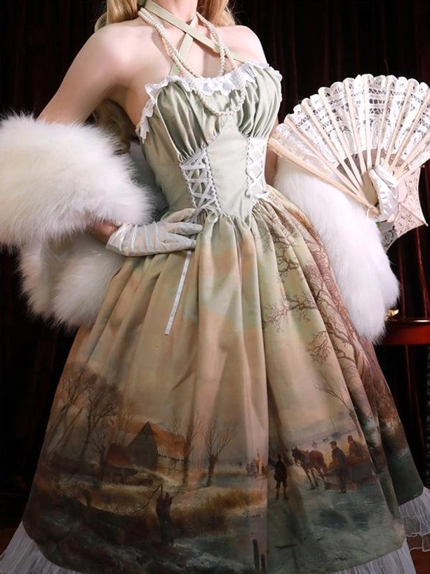 Halter neck classic lolita dress with landscape print skirt and lace-up corset bodice, close-up three-quarter front view, styled with fluffy fur shawl and folding fan