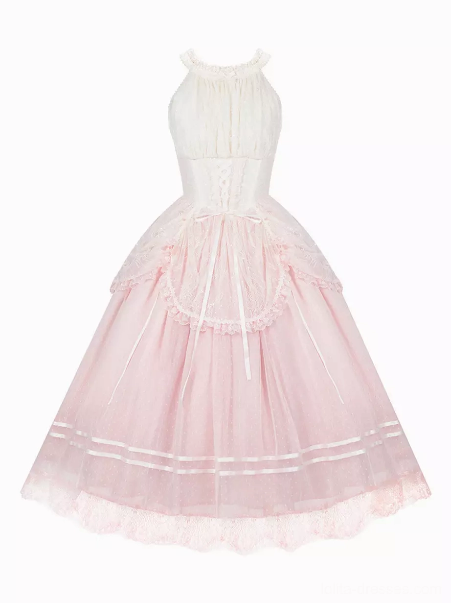 Pink and lavender halter lolita jsk dress flat lay product view white background two-tone design lace hem ribbon accents tulle skirt details