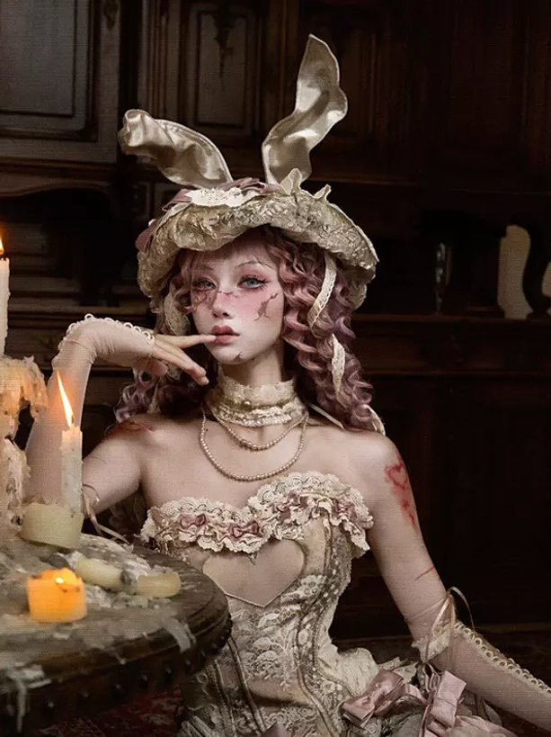 Heart neckline lace corset bustier rococo lolita fashion showing pink bow accent and delicate lace detail
