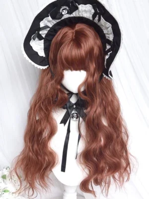 Heat-resistant fiber long lolita wig displayed on mannequin with front view, featuring air bangs, water wave texture, bonnet accessory and bell necktie, rococo sweet lolita styling