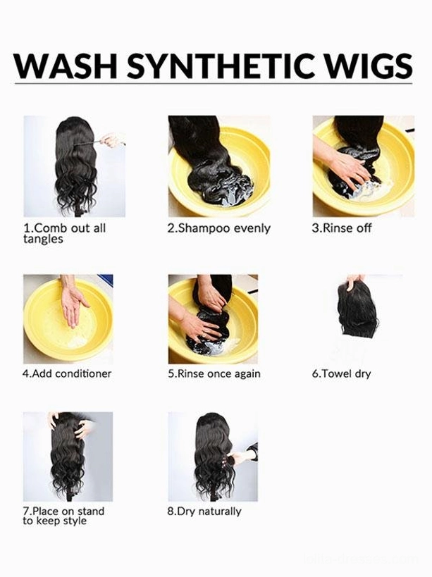 Eight-step synthetic wig care and maintenance guide featuring washing, rinsing and drying instructions for heat-resistant lolita wig preservation