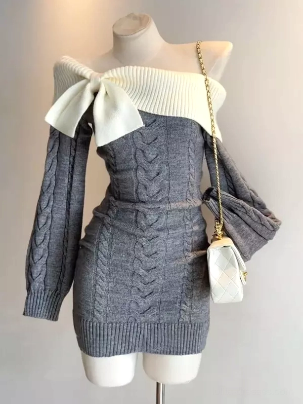 Heather gray cable knit off-shoulder sweet lolita bodycon mini dress with white bow collar and long sleeves front view on mannequin with white quilted chain handbag
