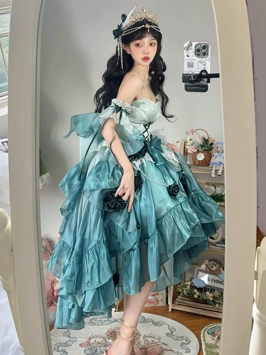 High-low purple lolita fairy dress with oversleeves and complete styling ensemble presentation