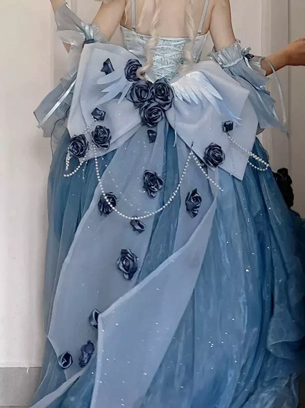 High-low purple lolita fairy dress oversleeves detail showing delicate lace and ruffled construction elements
