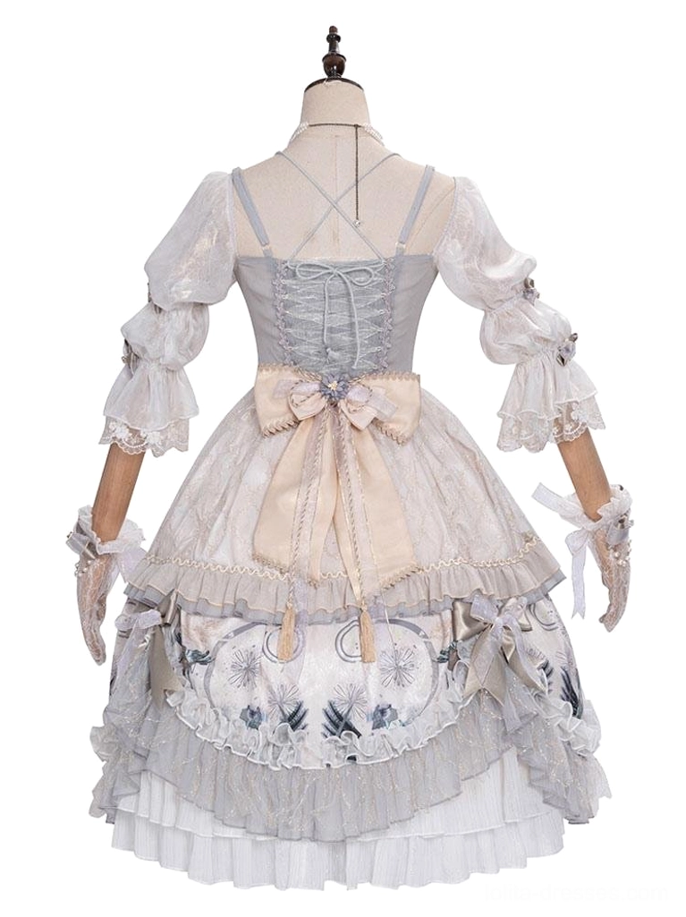 Hime Lolita dress back view on dress form showing lace-up back design waist bow decoration light gray floral layered ruffled hem