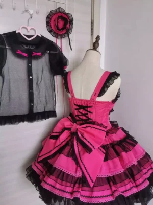 Hime lolita dress back view lace-up corset large bow wrist cuffs sheer layering shirt included accessories