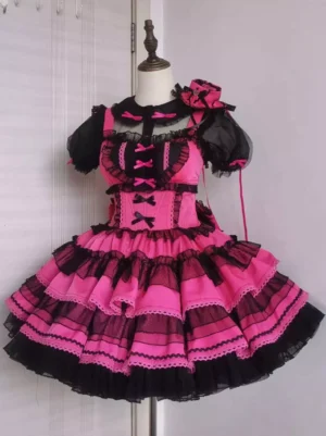 Black and hot pink hime lolita jumper dress front view flat display polka dot tulle tiered ruffle skirt sweetheart neckline