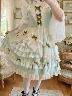 Hime lolita dress detail showing lace-up bodice corset front closure white inner blouse and layered ruffled skirt lifted view
