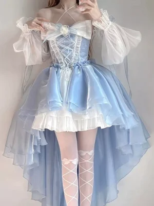 Light sky blue and ivory Hime lolita dress front view with off-shoulder halter neckline and ruffled high-low skirt on female model