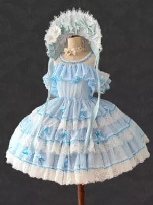 Hime Lolita dress ensemble with coordinating blue lace bonnet and off-shoulder tiered ruffled skirt, showing complete styling options for Lolita fashion wear