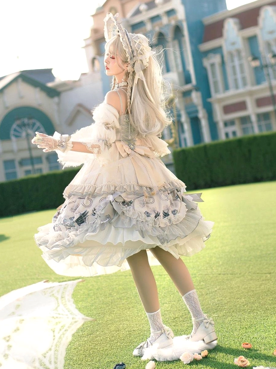 Hime Lolita light gray floral dress back view model wearing white lolita shoes silk socks outdoor lawn scene
