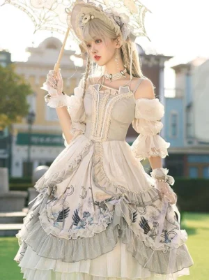 Hime Lolita off-shoulder light gray floral OP dress with puffed sleeves front view on blonde model in European garden setting with matching lace parasol