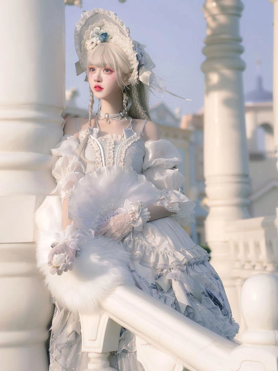 Hime Lolita off-shoulder floral op dress side view model with royal bonnet feather handheld fan European column setting