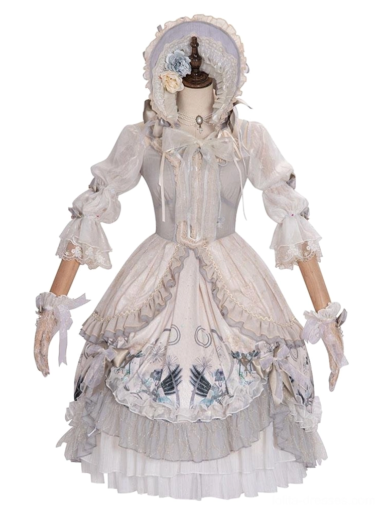 Hime Lolita light gray floral OP dress on dress form with matching gloves and bonnet displayed with off-white layered ruffled skirt