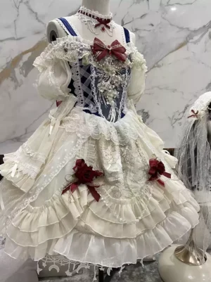 Hime lolita dress full front view showcasing grid-patterned corset bodice, wine red rose bows on layered lace skirt, off-shoulder sleeves, ecru white color blocking
