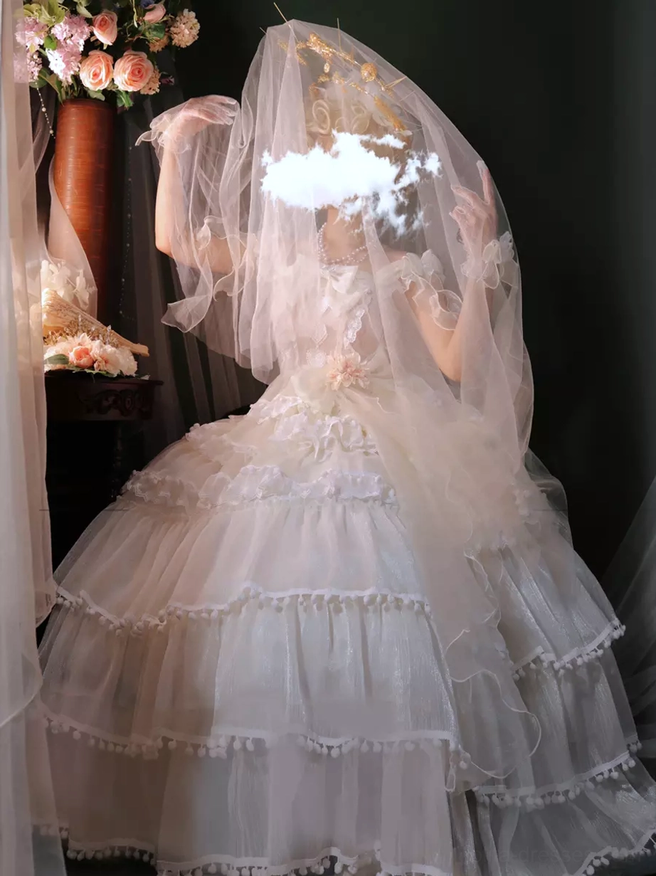 Hime wedding sweet lolita ensemble displaying complete set with matching headwear and choker accessories for bridal styling