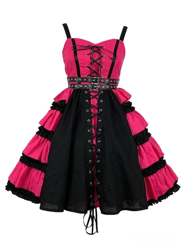 hot pink gothic sweet lolita dress flat lay showing spaghetti straps two-tone color block tiered ruffles lace-up closure