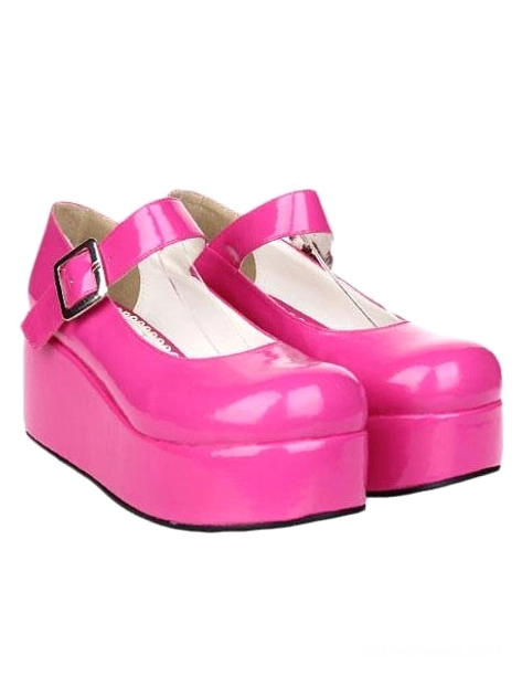 Hot pink shiny patent leather Sweet Lolita platform Mary Jane shoes paired matching design metal ankle buckles