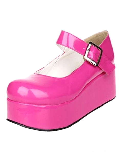 Hot pink glossy Lolita platform Mary Jane shoes front three-quarter view adjustable metal buckle round toe