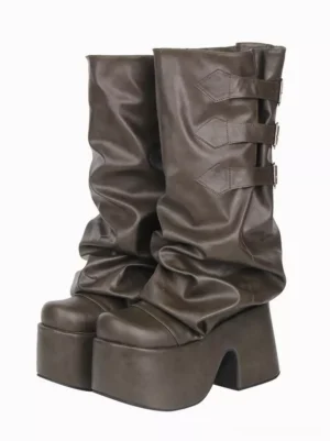 Hunter green Gothic Lolita platform boots with three silver buckle straps and chunky block heel, three-quarter front view showing slouched mid-calf shaft and round toe design