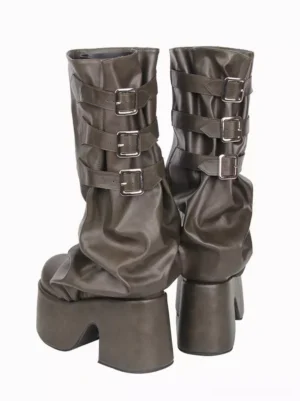 Dark hunter green PU leather platform Lolita boots with adjustable buckle fasteners, rear three-quarter angle displaying ruched upper shaft and substantial platform sole